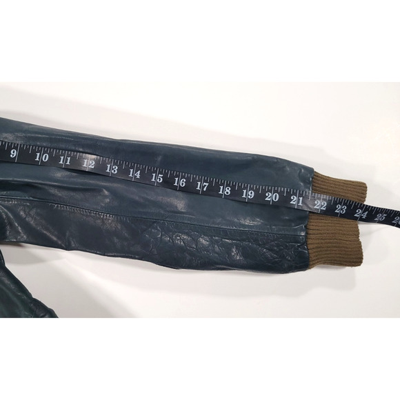 John Varvatos X Converse Leather Bomber Jacket Dark Green/Blue Womens S VTG Y2K - Picture 9 of 12